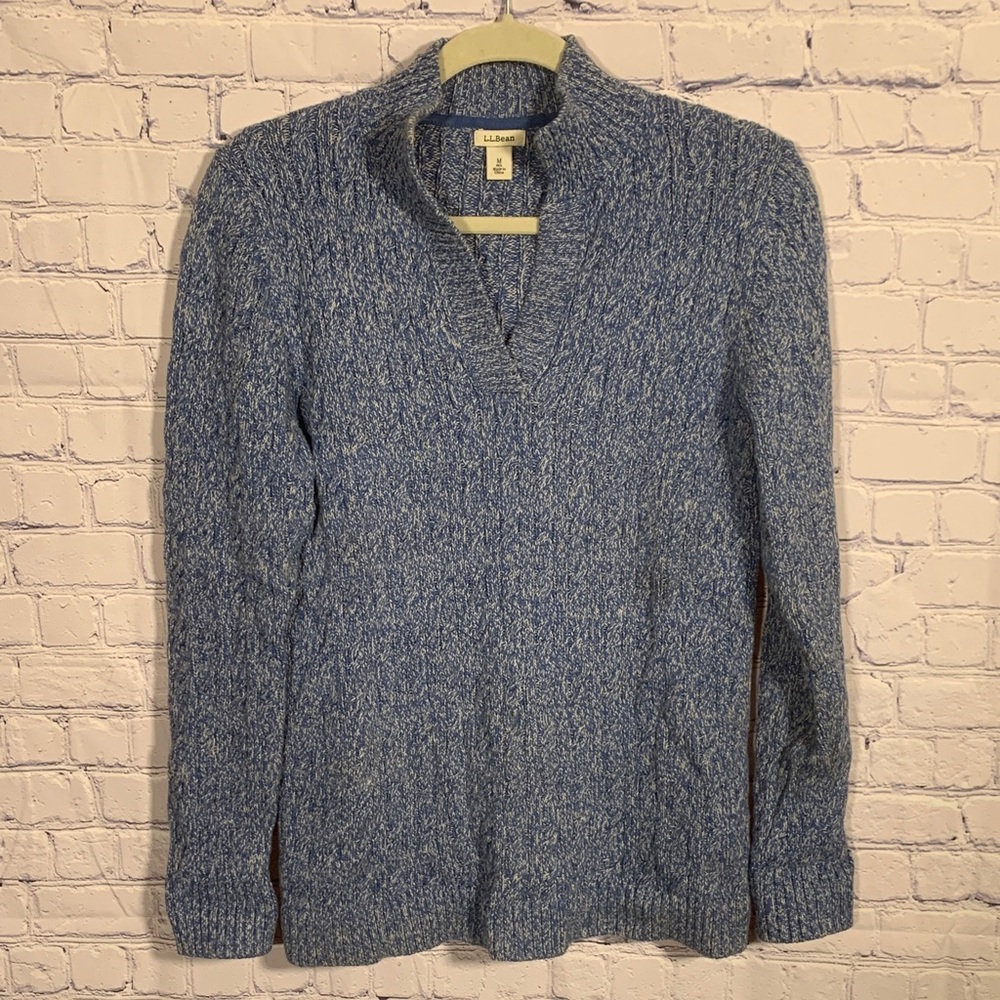 L.L.Bean Womens Cotton Cable-Knit V-Neck Pullover Sweater Blue M Cotton Casual